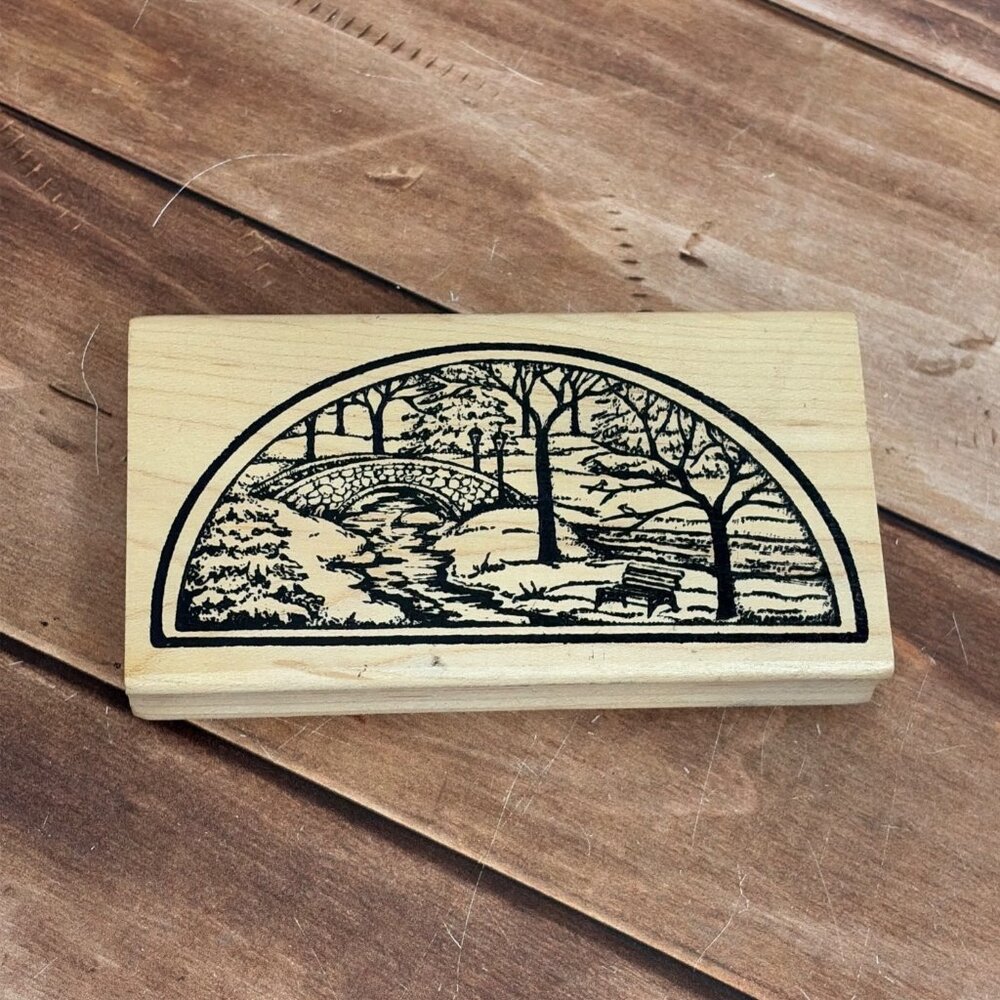 HTF Northwoods Rubber Stamp Half-Moon W Scenic Landscape Design RIVER PARK BENCH